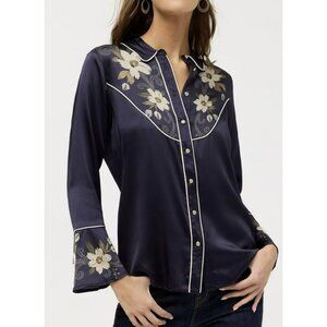 Johnny Was Western Silk Blend Blue Floral Embroidery Top Medium New